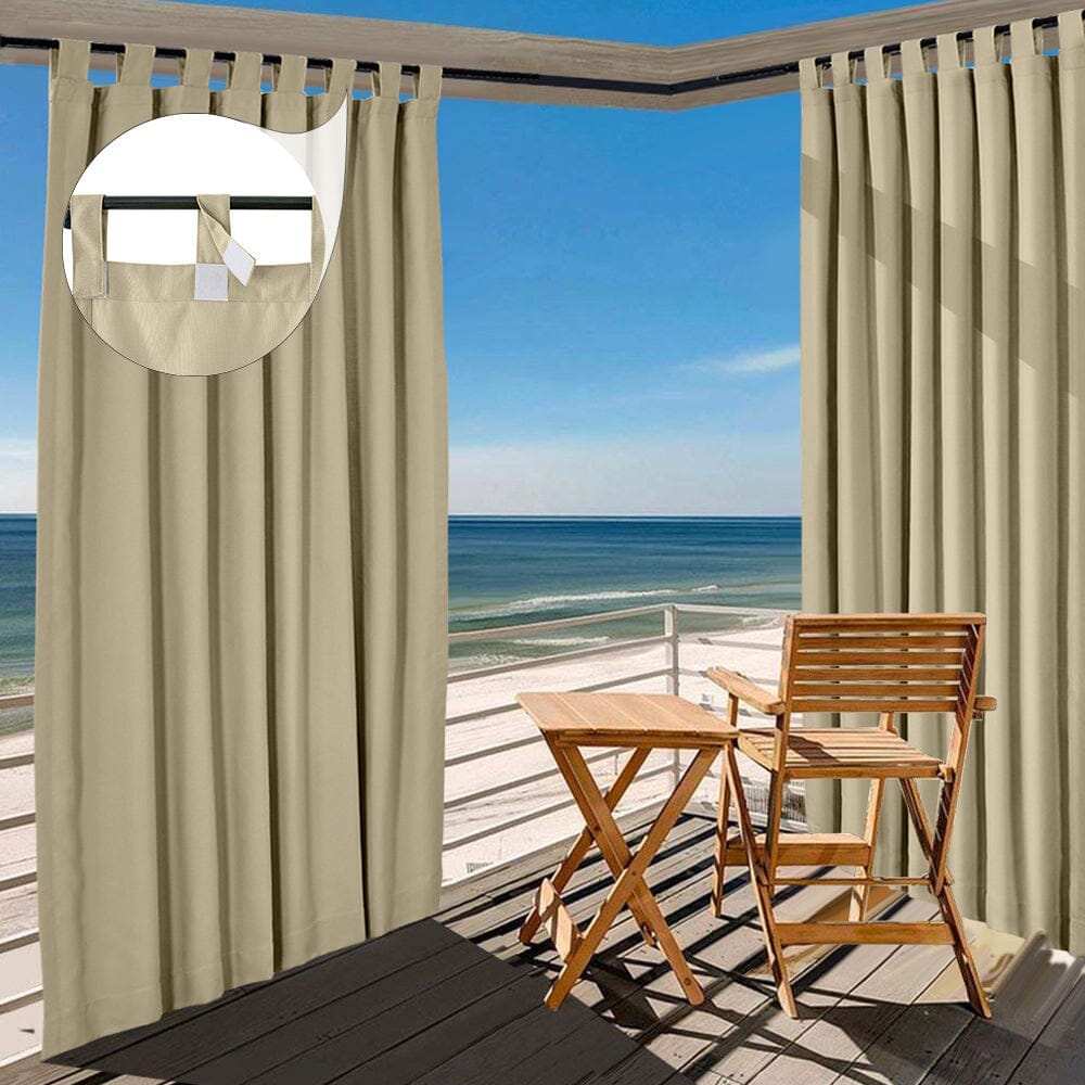 Sundown Design White Beige Canvas Outdoor Striped Curtain Eyelet