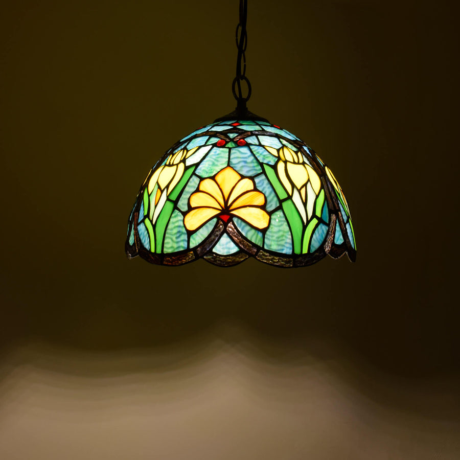 Eryn Vintage Colorful Flowers Stained Glass Pendant Light Bedroom