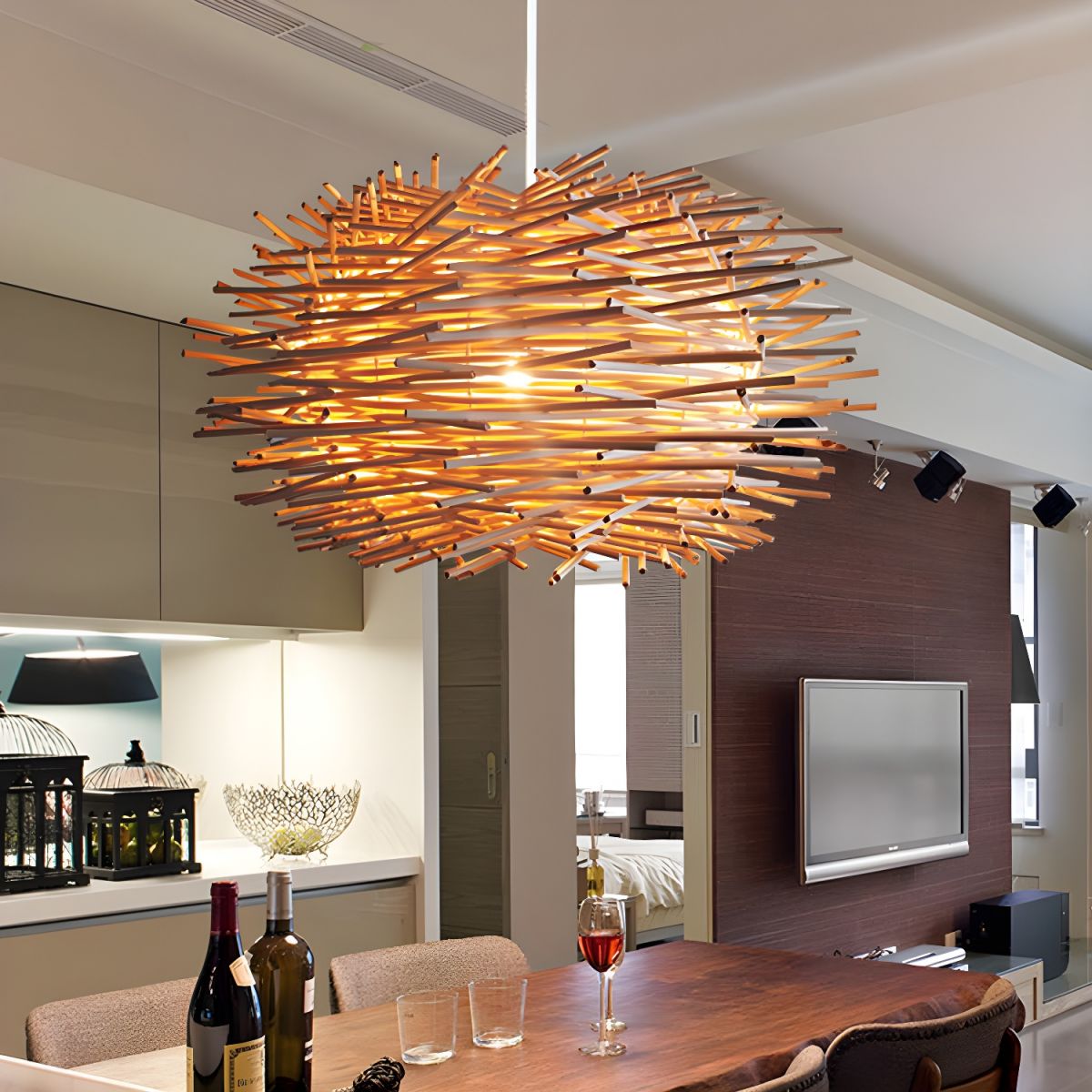 Ozawa Wooden Bird Nest Rattan Pendant Light Wood