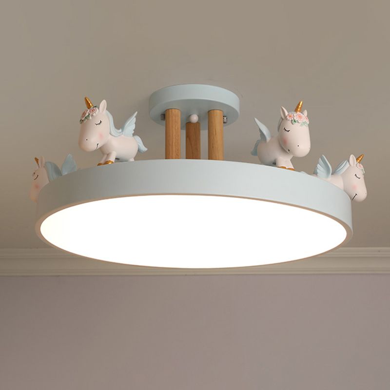 Quinn Modern Round Unicorn Acrylic/Wood Semi-Flush Mount Ceiling Light, White/Pink/Blue