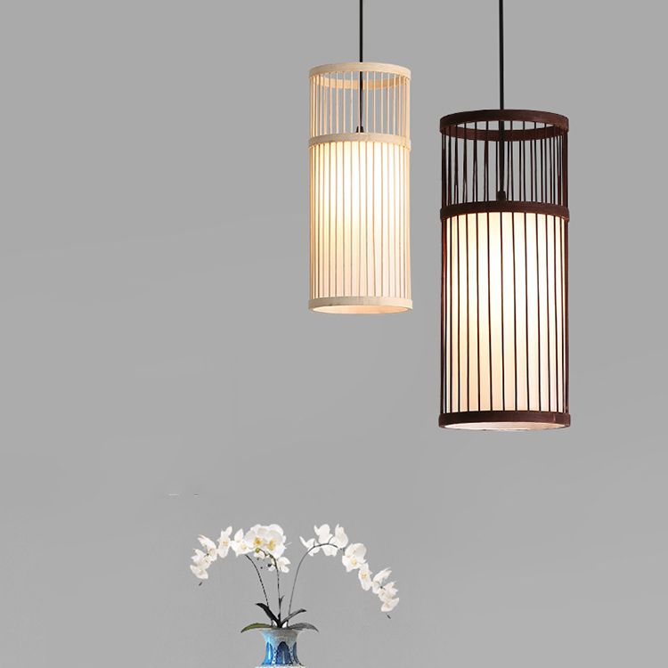 Ozawa Weave Cylinder Pendant Light, Coffee/Wood, Metal/Bamboo