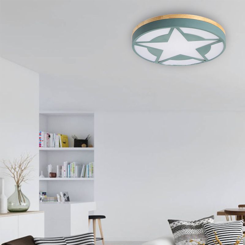Quinn Modern Round Star Acrylic/Wood Flush Mount Ceiling Light, White/Green/Grey