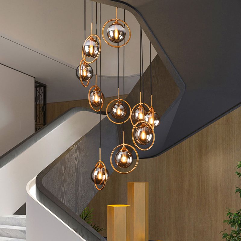 Hailie Modern Spiral Ball Glass Staircase Chandelier, Clear/Amber/Smoke Gray