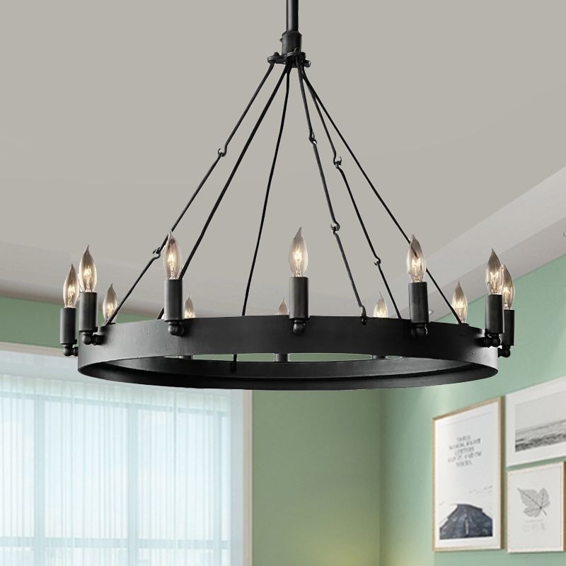 Alessio Industrial Round Candle Metal Pendant Light, Black