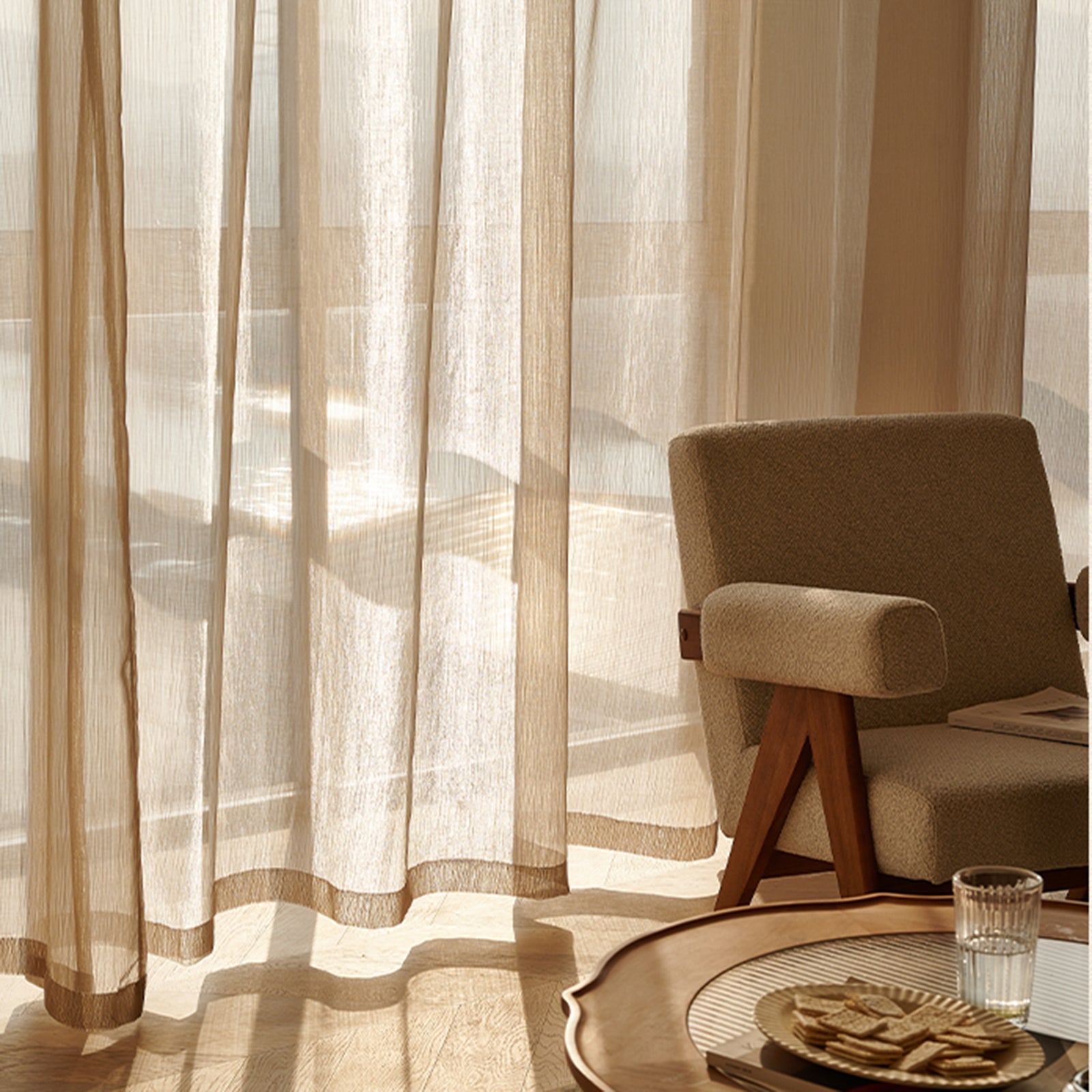 French Weaving Translucent Sheer Curtain, Glod/Coffee/Black/White