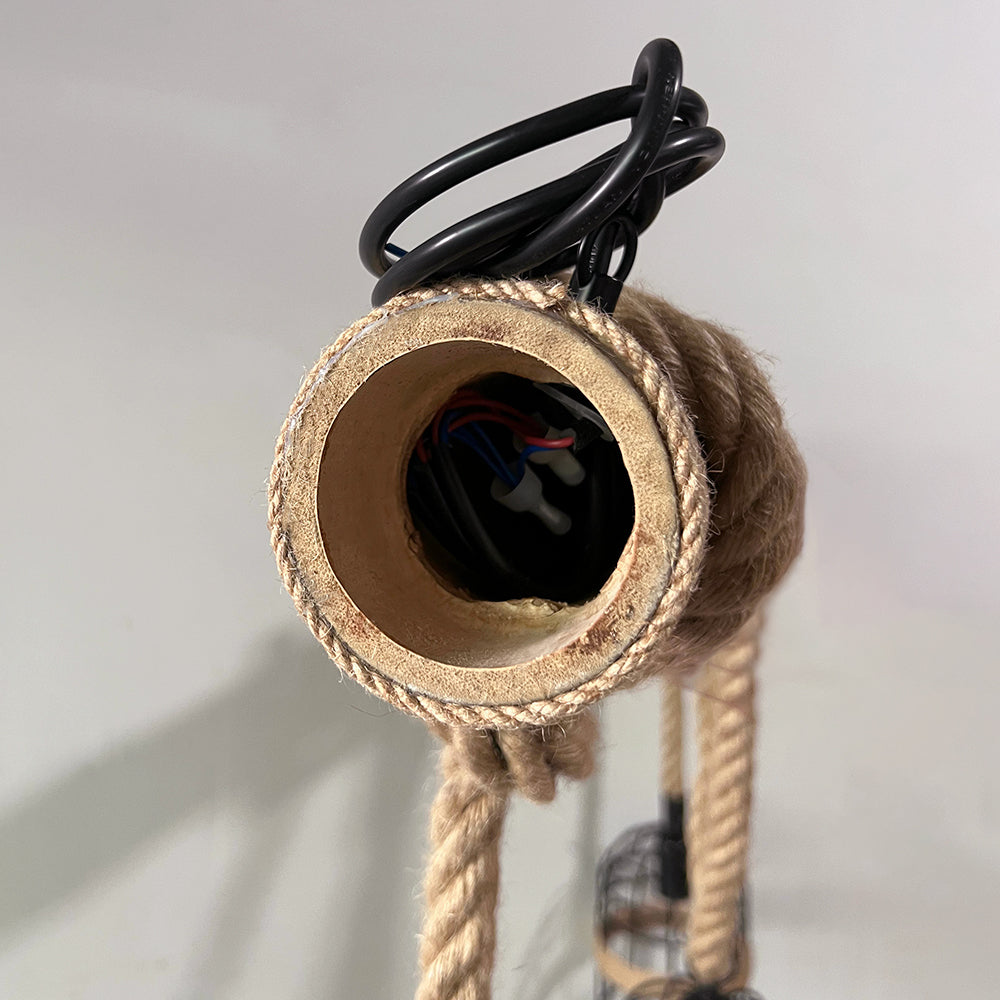 Alessio Vintage Wood Pendant Light, 3 Heads, Hemp rope&Metal