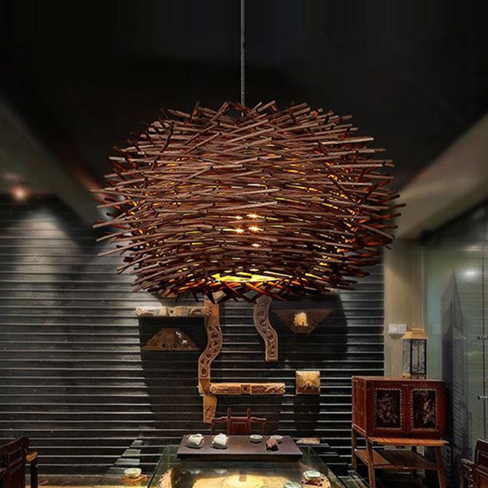 Ozawa Wooden Bird Nest Rattan Pendant Light Wood