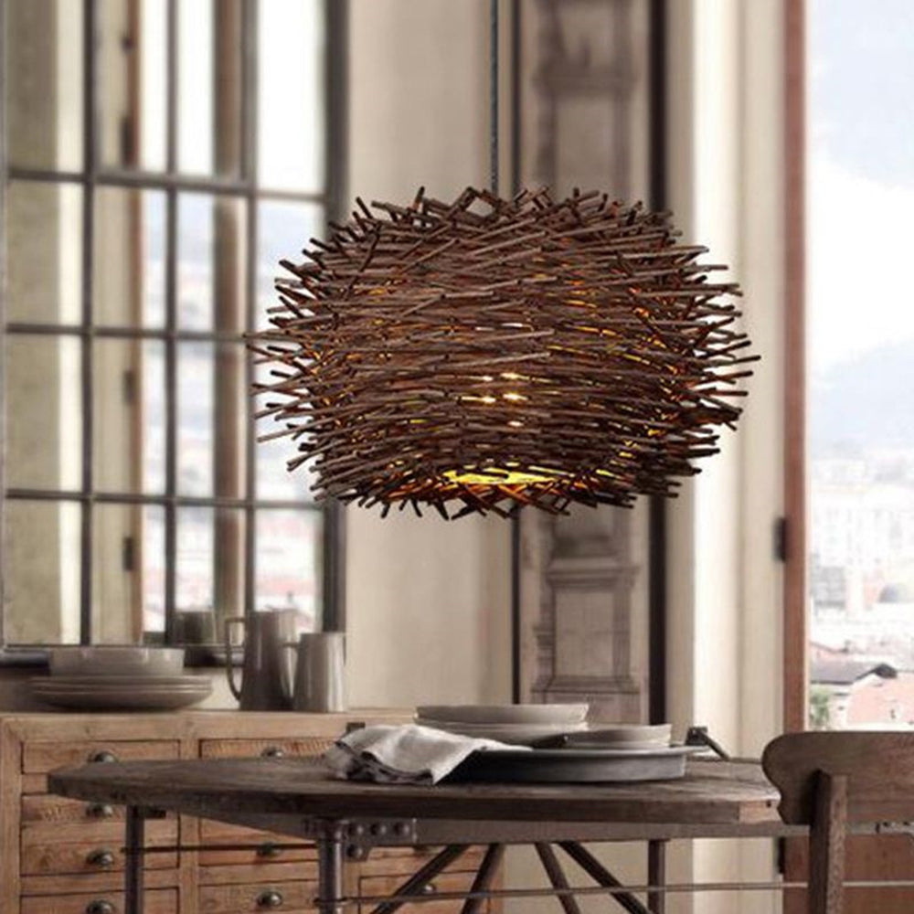 Ozawa Wooden Bird Nest Rattan Pendant Light Wood