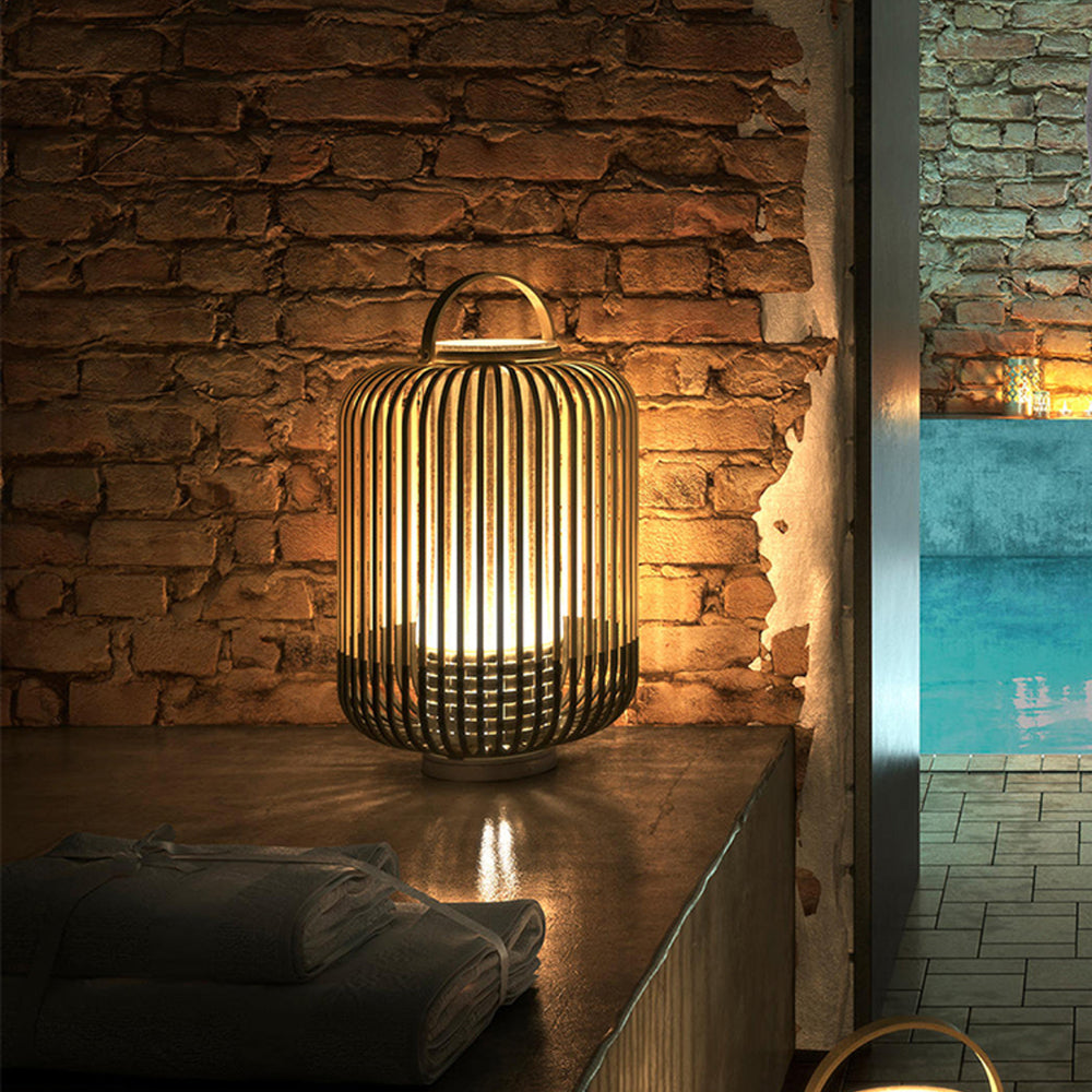 Muto Lantern Bamboo/Acrylic Outdoor Floor Lamp, Black/White