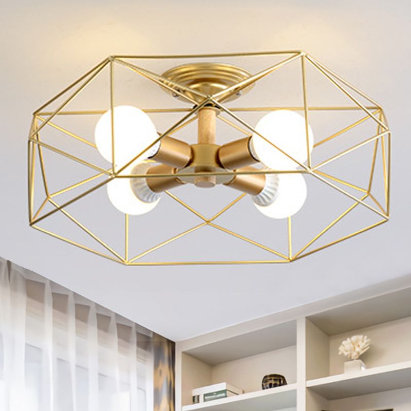 Cooley Modern Geometric Lantern Metal Flush Mount Ceiling Light, Black/White/Gold