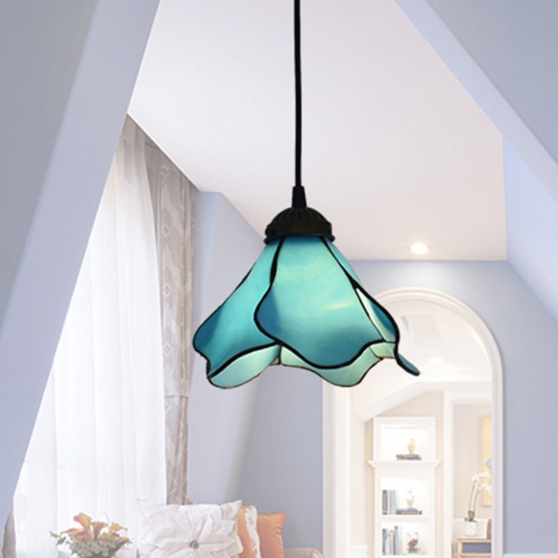 Félicie Flower Stained Glass Pendant Light, Blue/Pink, 1/3 Heads
