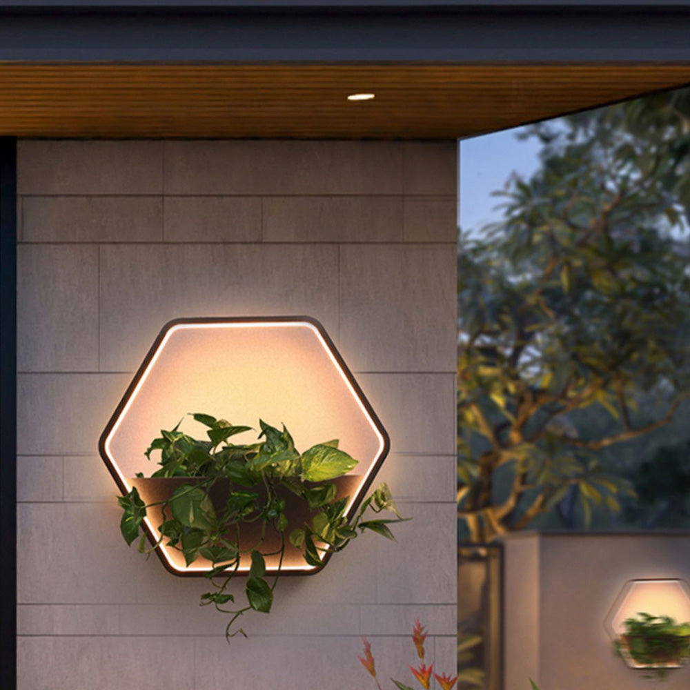 Orr Minimalist Hexagonal Ring With Shelf Metal Outdoor Wall Lamp, Black