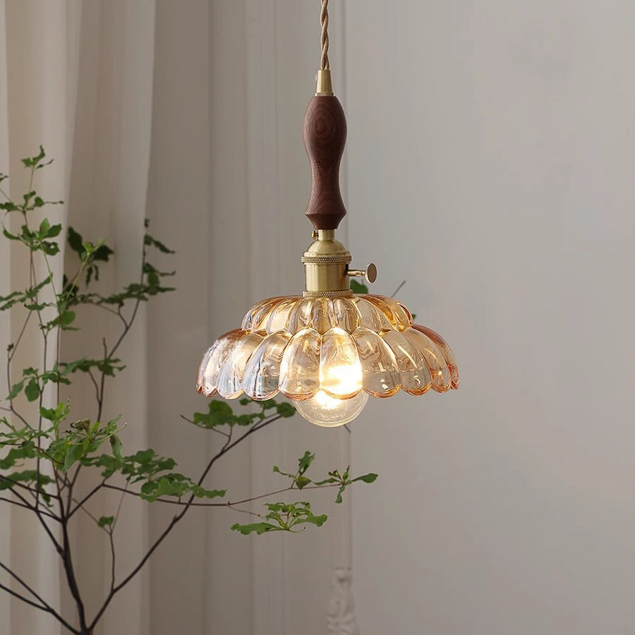 Hailie Modern LED Pendant Light Wooden Handle Metal Glass Bedroom