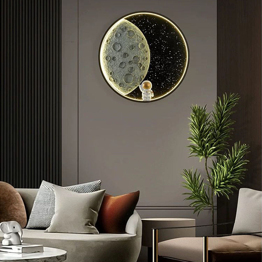 Elif Astronaut Round Moon Black Wall Lamp, Metal