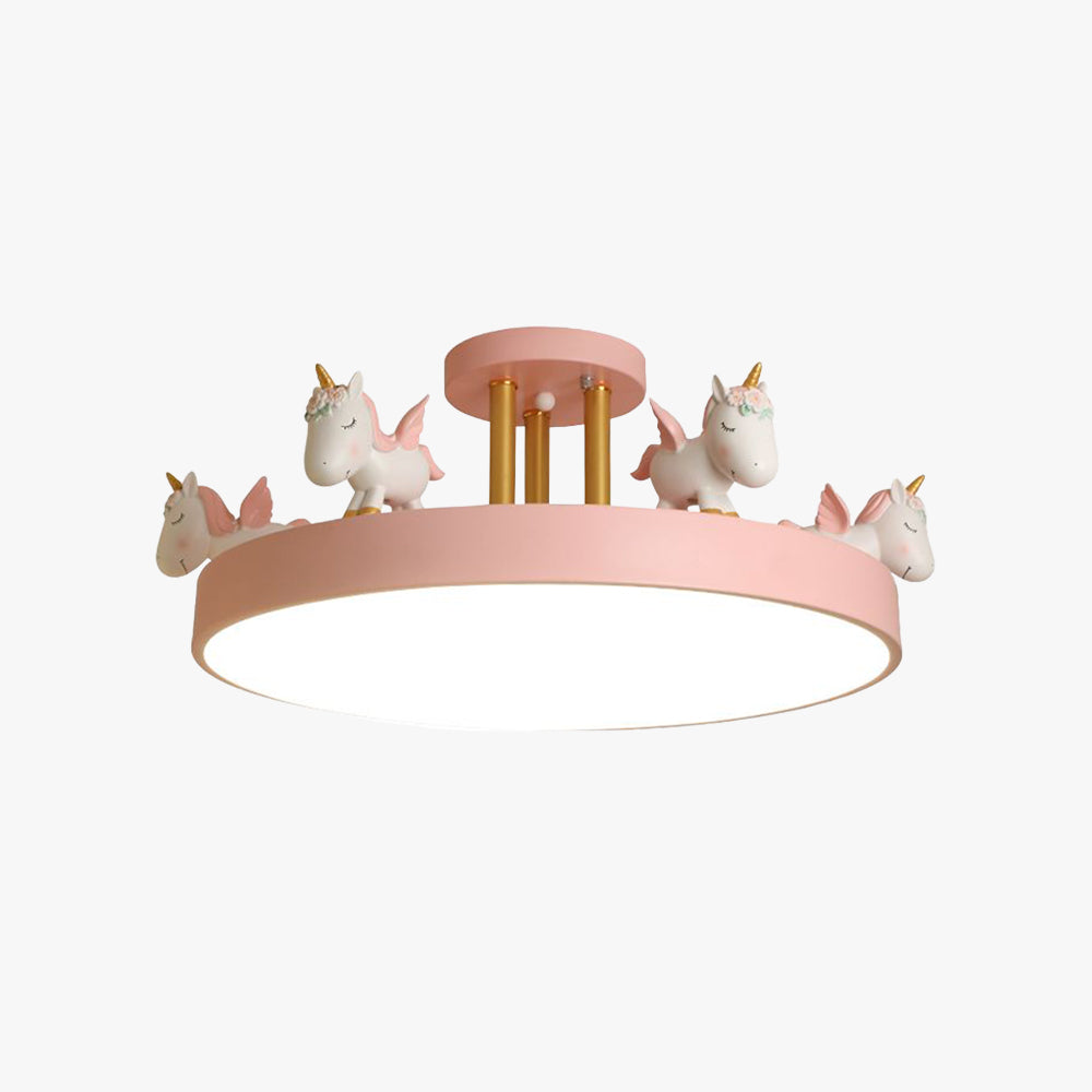 Quinn Modern Round Unicorn Acrylic/Wood Semi-Flush Mount Ceiling Light, White/Pink/Blue
