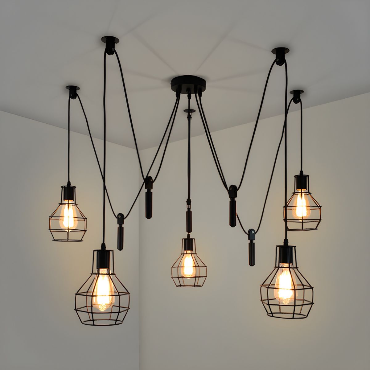 Alessio Industrial Caged Metal Pendant Light, 5/8 Heads, Black