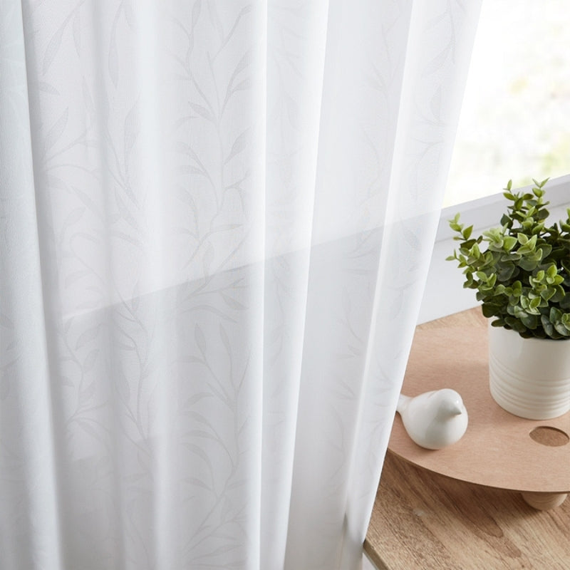Ava Leave Pattern White Sheer Curtains Soft Top