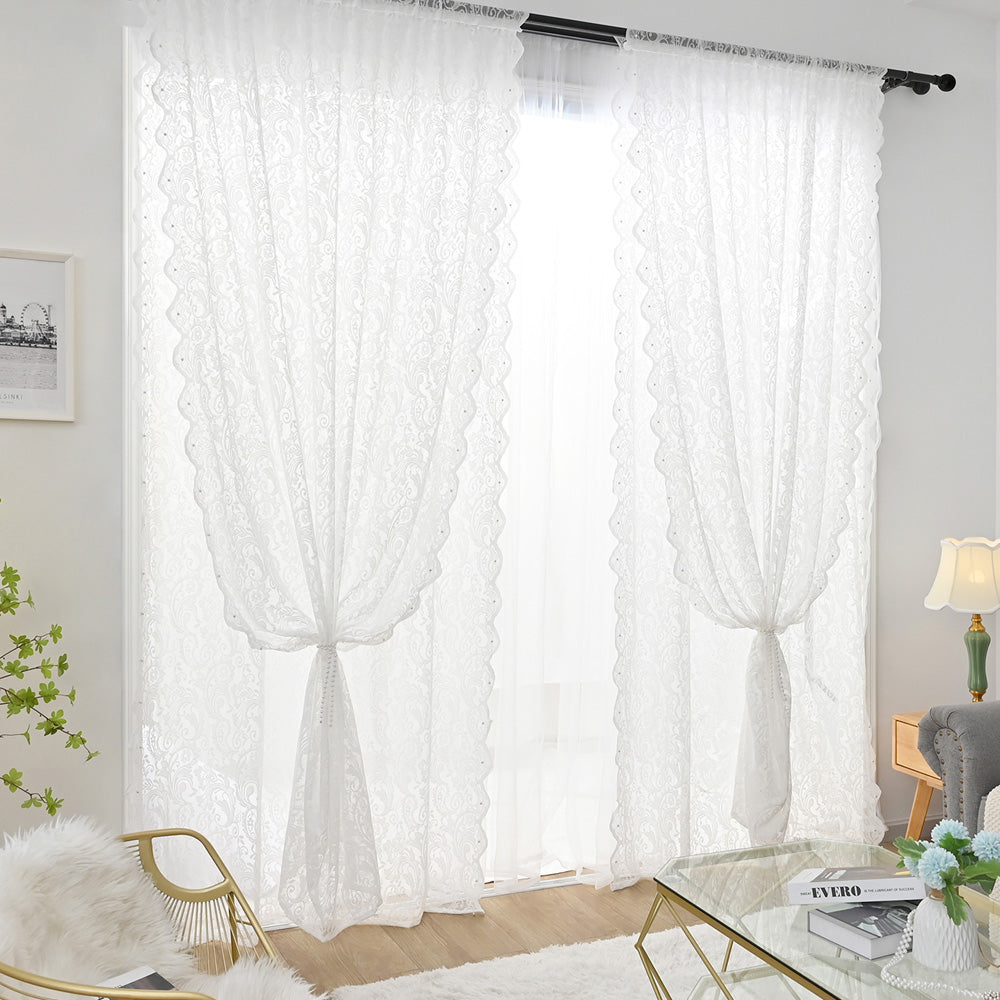 French White Lace Pearl Translucent Sheer Curtain