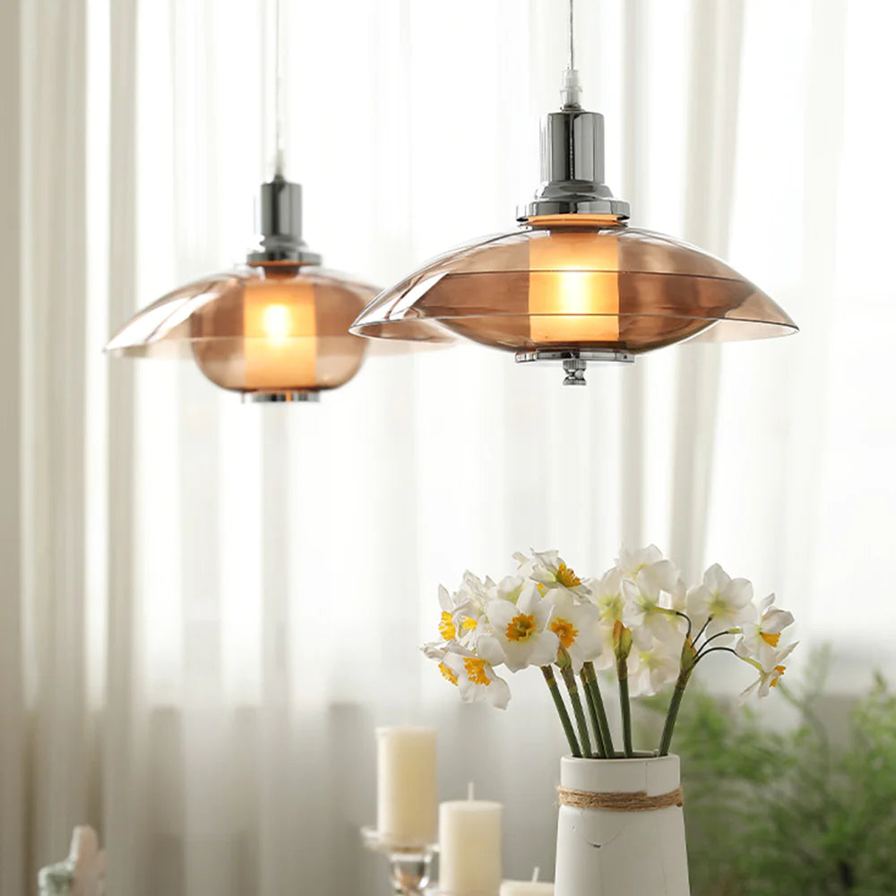 Cairns Modern Round LED Pendant Light Brown Glass Living Room