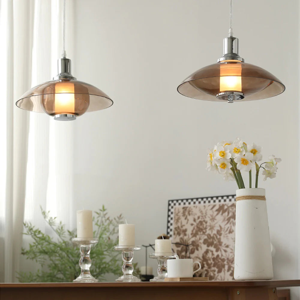 Cairns Modern Round LED Pendant Light Brown Glass Living Room