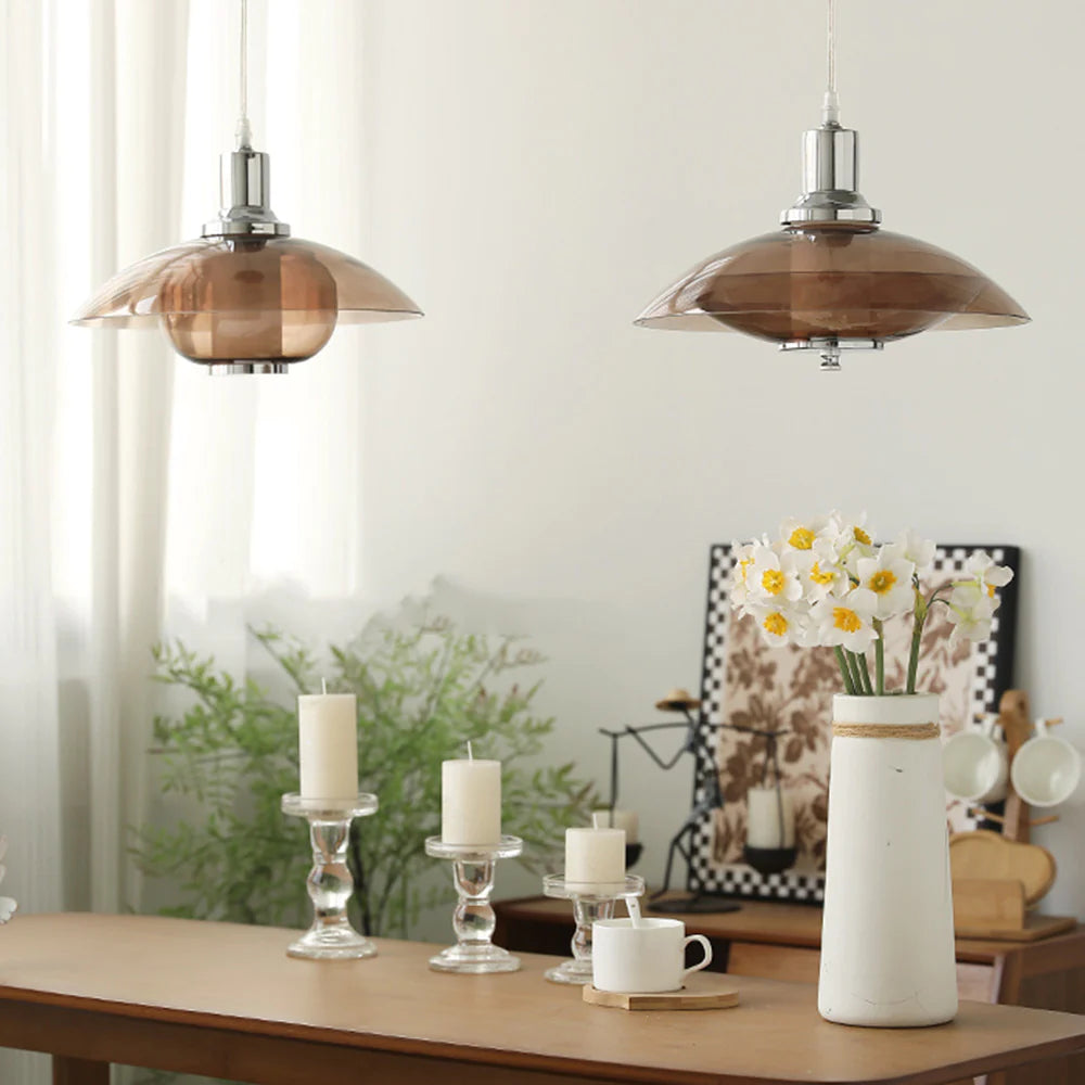 Cairns Modern Round LED Pendant Light Brown Glass Living Room