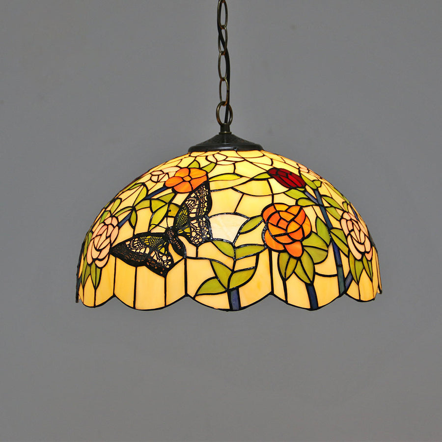Eryn Vintage Colorful Butterfly Rose Pendant Light Glass Hallway