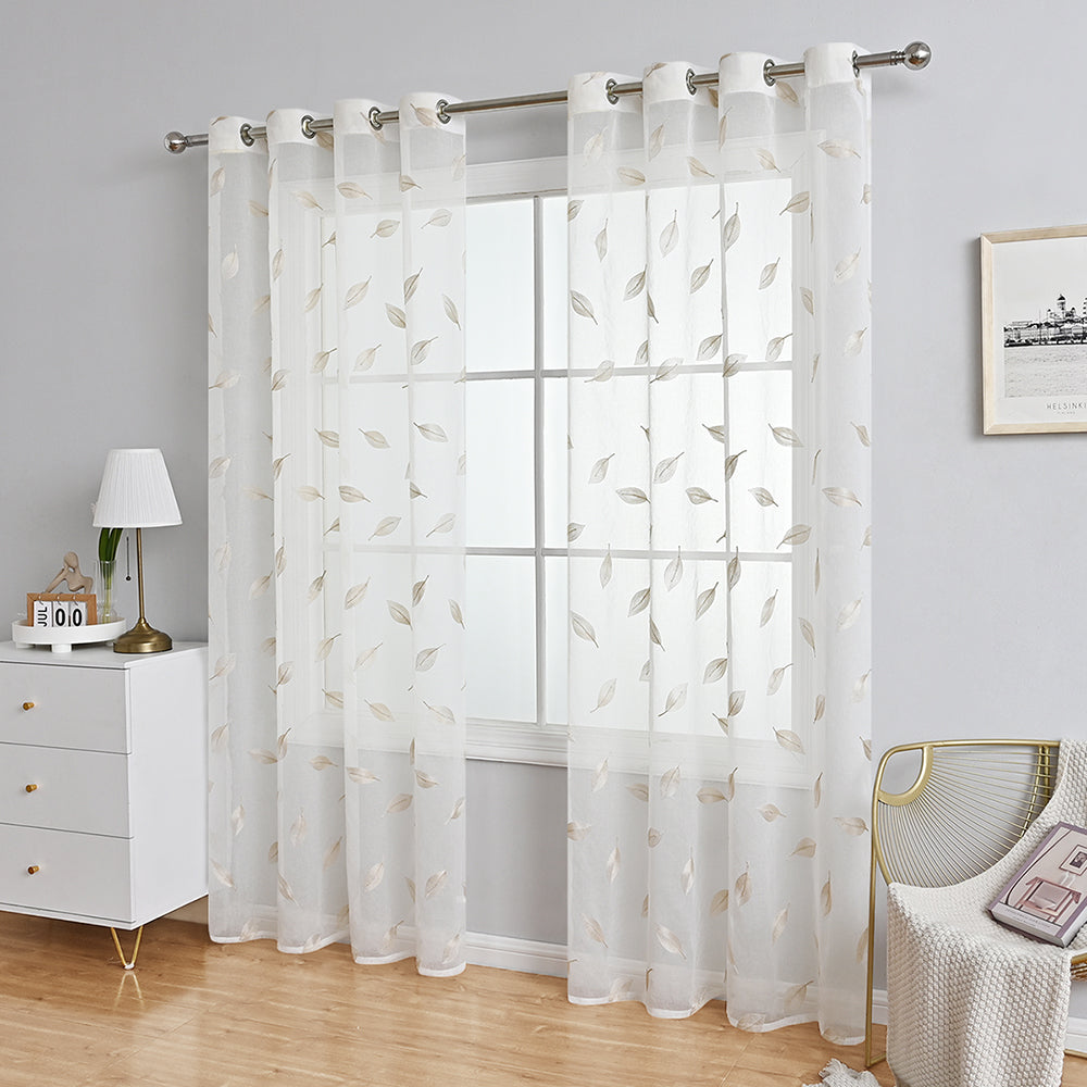 Modern Leaf Polyester Sheer Curtains, Gray/Beige