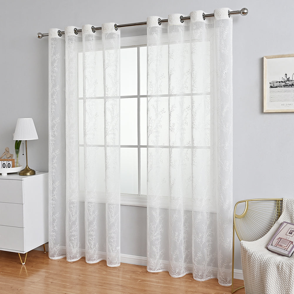 Modern Tree Branch Polyester Sheer Curtains, White/Beige