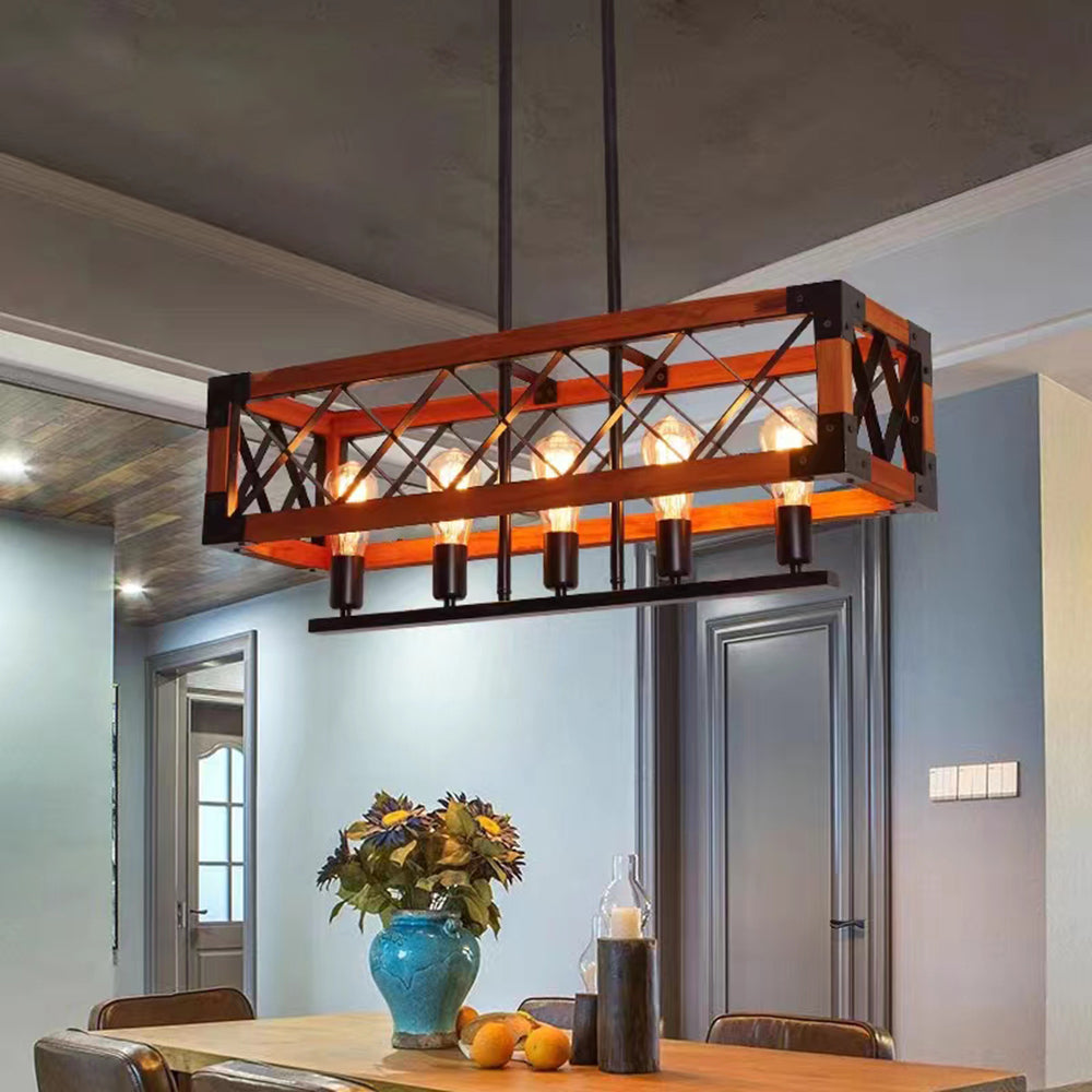 Alessio Industrial Cage Pendant Light, Metal/Wood, Bar/Cafe/Restaurant