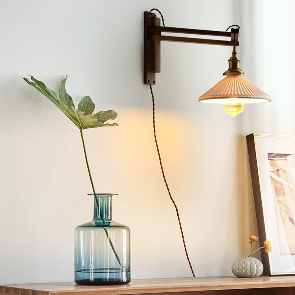 Ozawa Vintage Dome Ceramic/Wood Wall Lamp, Walnut/Wood/Clear