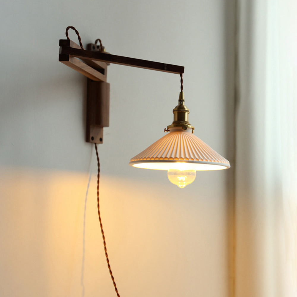 Ozawa Vintage Dome Ceramic/Wood Wall Lamp, Walnut/Wood/Clear
