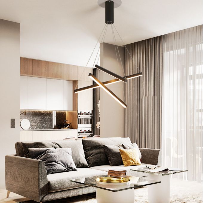 Edge Minimalist Linear Metal Pendant Light, Living Room, Black