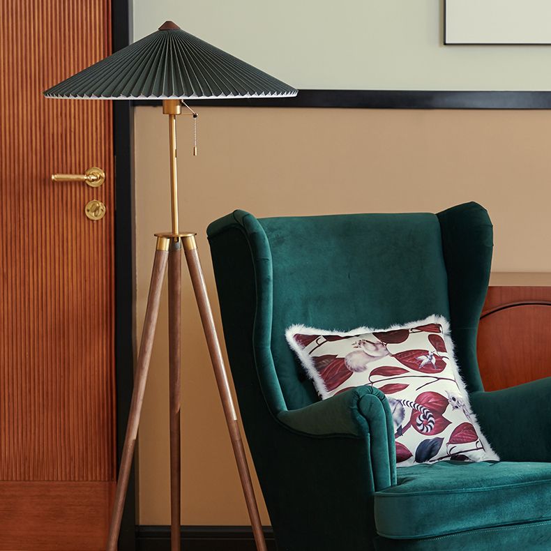 Ozawa Modern Pleated Tripod Wood Fabric Floor Lamp