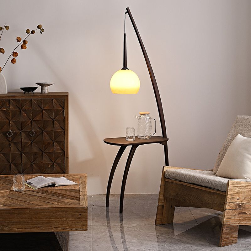 Ozawa Modern Dome Tripod Wood Glass Floor Lamp /w Table, Brown