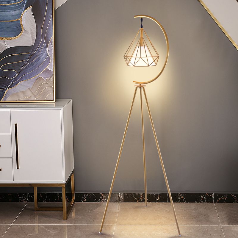 Eryn Diamond Designer Tripod Floor Lamp, Metal, Black/Gold