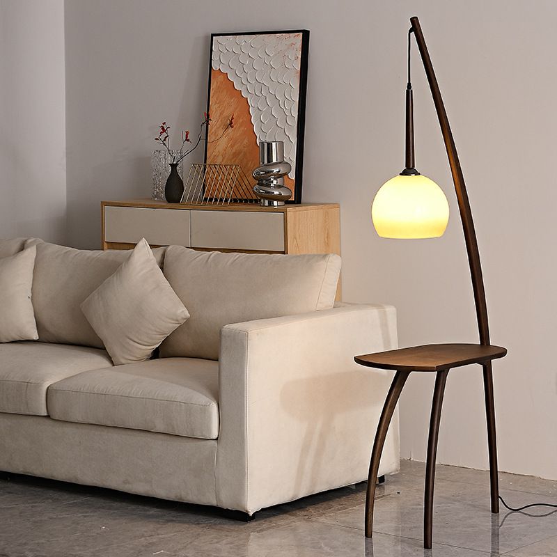 Ozawa Modern Dome Tripod Wood Glass Floor Lamp /w Table, Brown