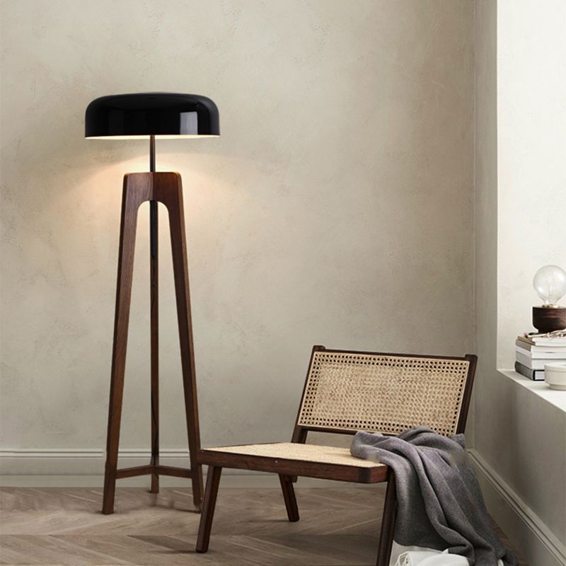 Ozawa Modern Bowl Tripod Wood Metal Floor Lamp, Black/White