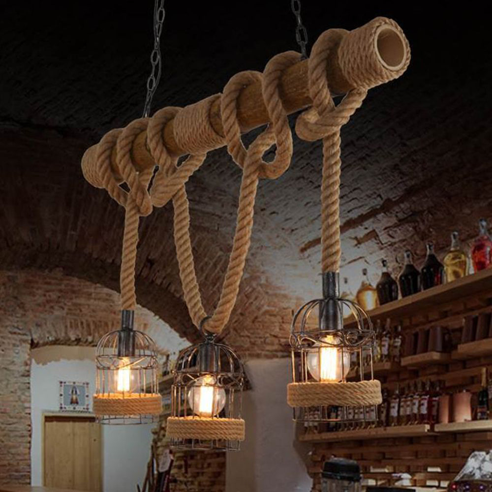 Alessio Vintage Wood Pendant Light, 3 Heads, Hemp rope&Metal
