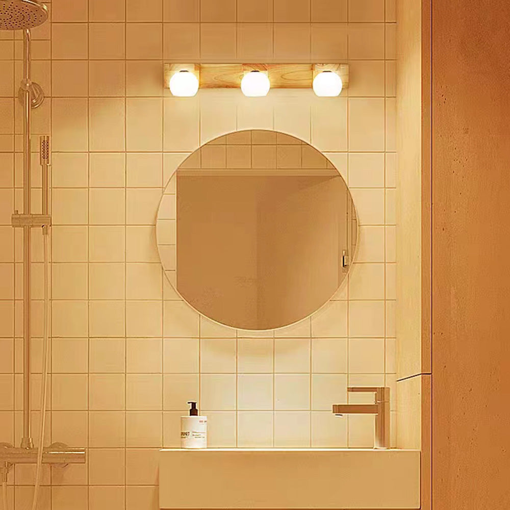 Ozawa Wooden Ball Mirror Front Vanity Wall Lamp, Log Color