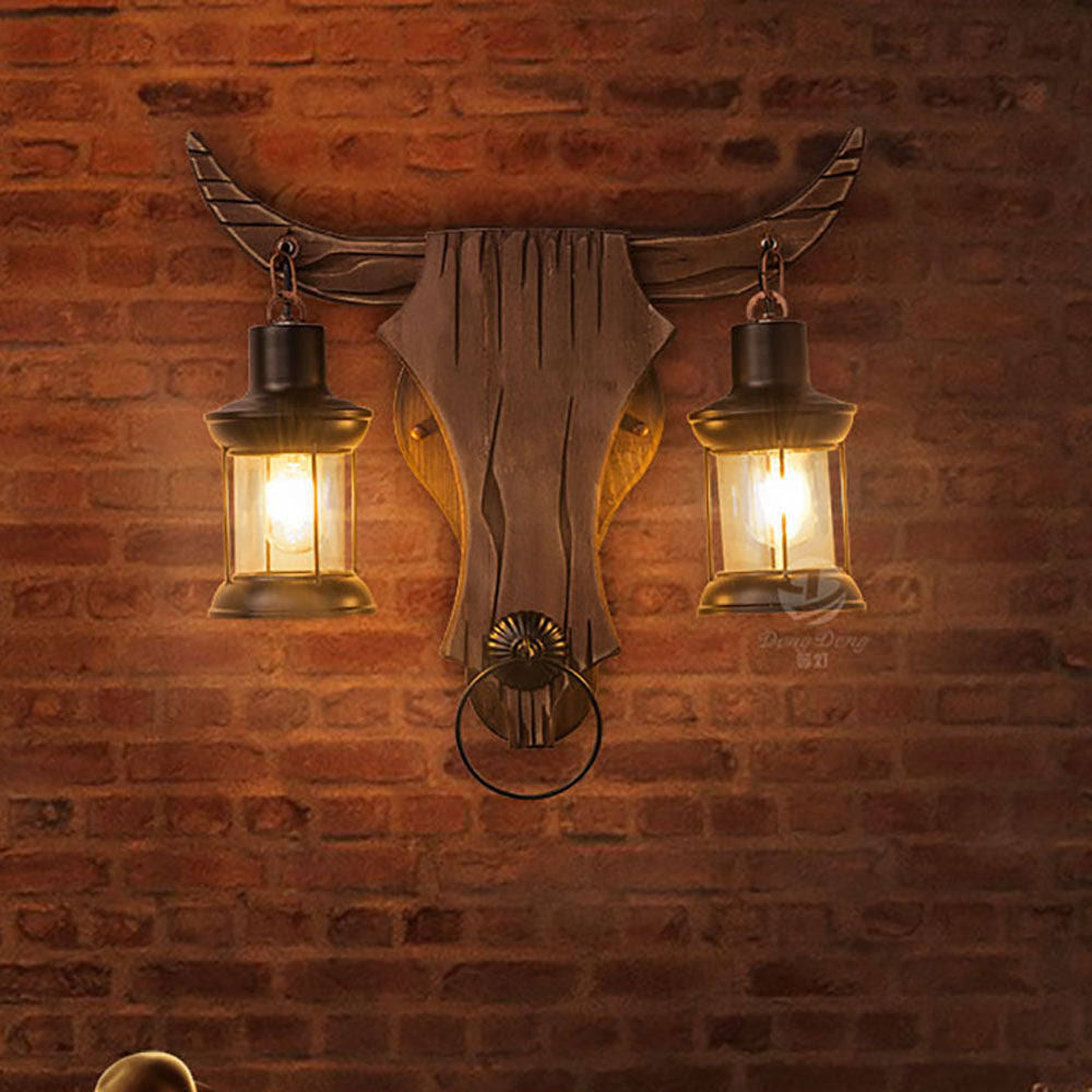 Austin Wall Lamp Bull Shape Vintage, 2 Heads Wood/Metal, Bedroom