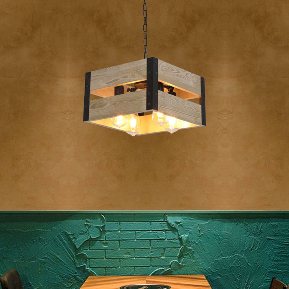 Alessio Retro Square Metal & Wood Pendant Light, 4 Heads, 2 Style