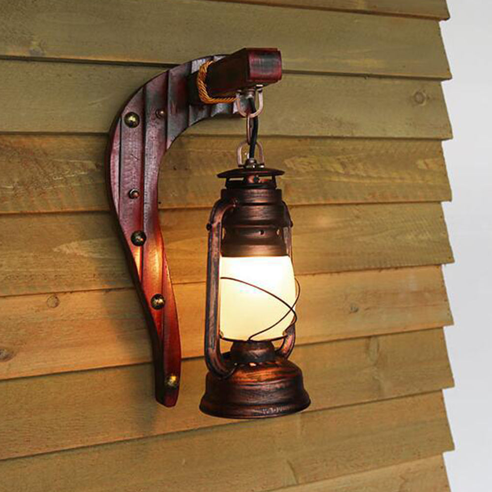 Austin Arc Lantern Wall Lamp, Metal & Wood, 23x40cm