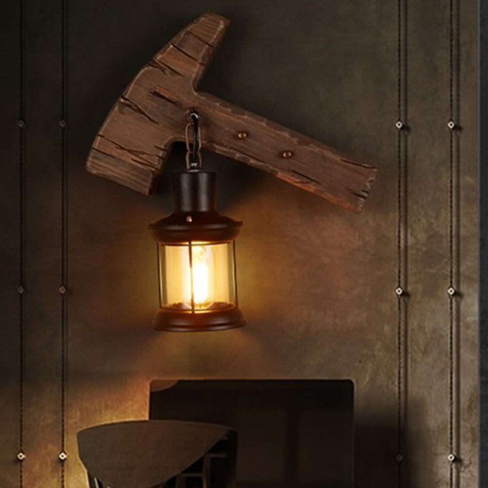 Austin Hammer Lantern Wall Lamp, Wood & Metal, 30x40cm