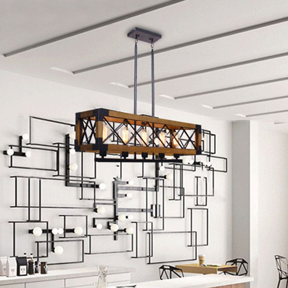 Alessio Industrial Cage Pendant Light, Metal/Wood, Bar/Cafe/Restaurant