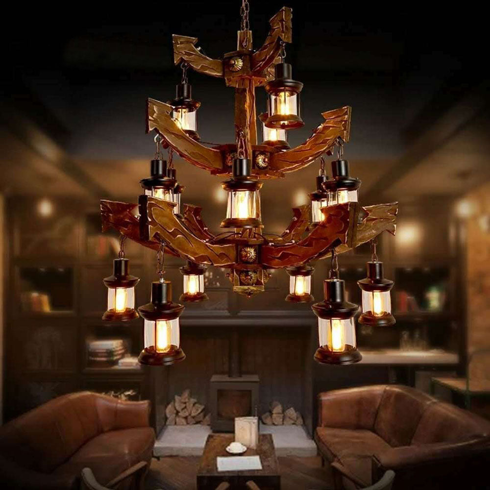 Austin Retro 14 Lantern Wood/Metal Chandelier