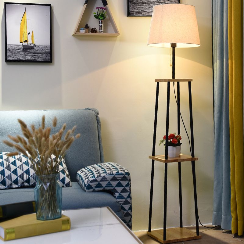 Eryn Modern Cone Metal Fabric Floor Lamp /w Shelf ,Black