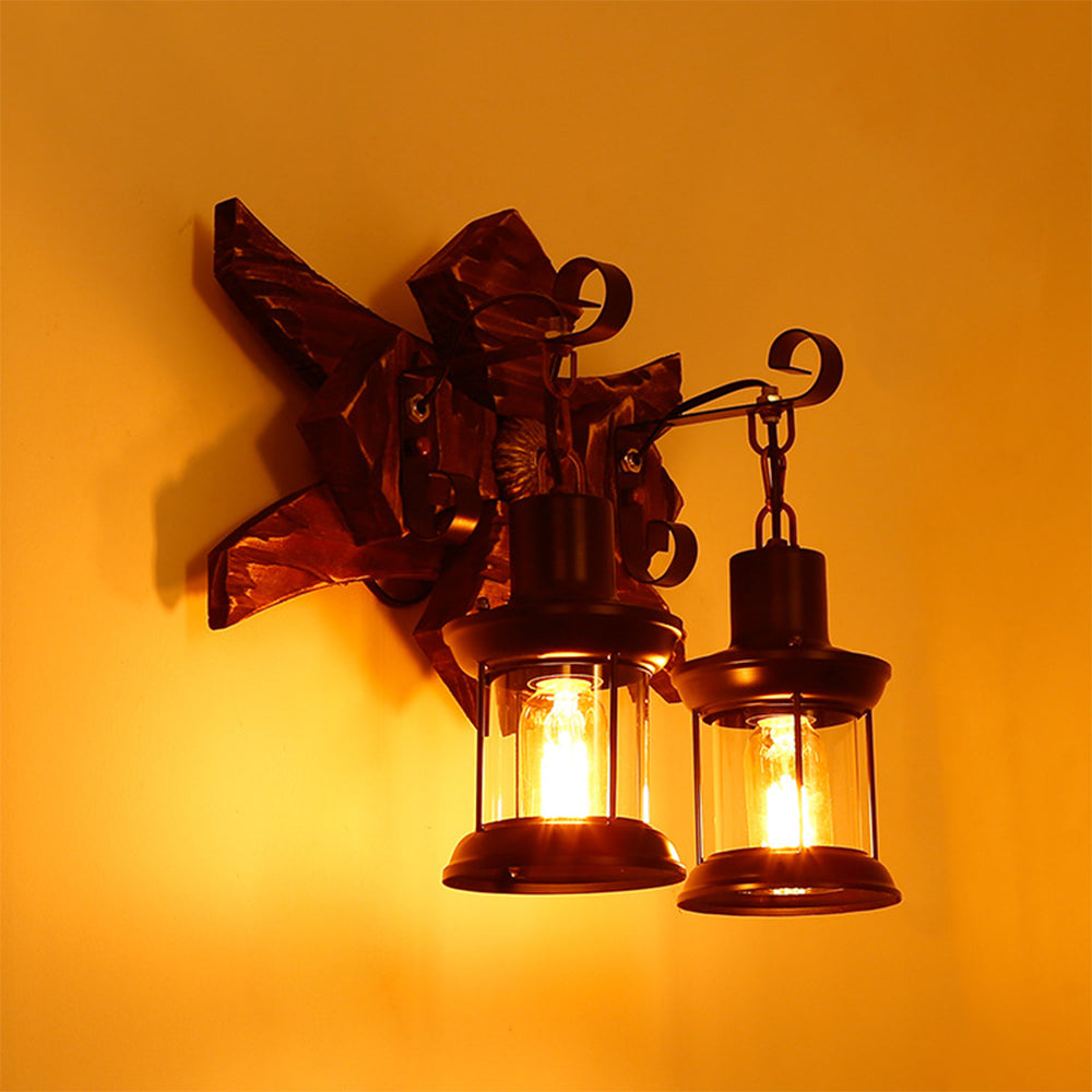 Austin Wall Lamp Decorative Vintage Lantern Double Light Wooden, Bedroom