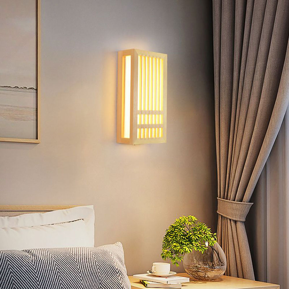 Ozawa Wall Lamp Rectangular Rustic, Wood/Acrylic, Log Color, Bedroom