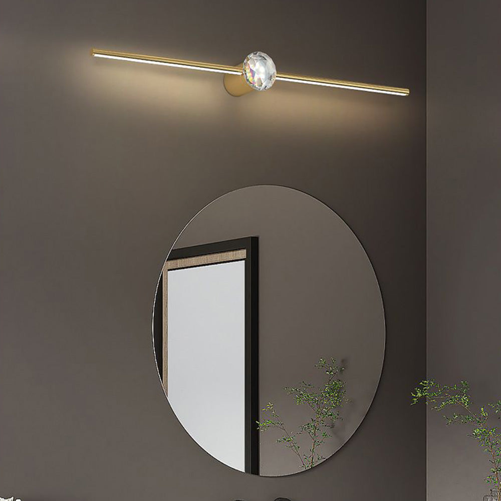 Kristy Minimalist Linear Metal/Crystal Mirror Front Vanity Wall Lamp, Gold