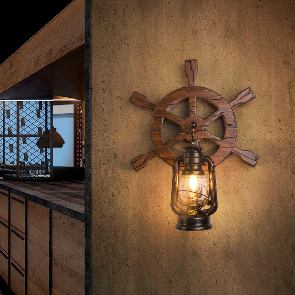 Austin Wall Lamp Retro Rudder Lantern Brown Wooden, Bedroom